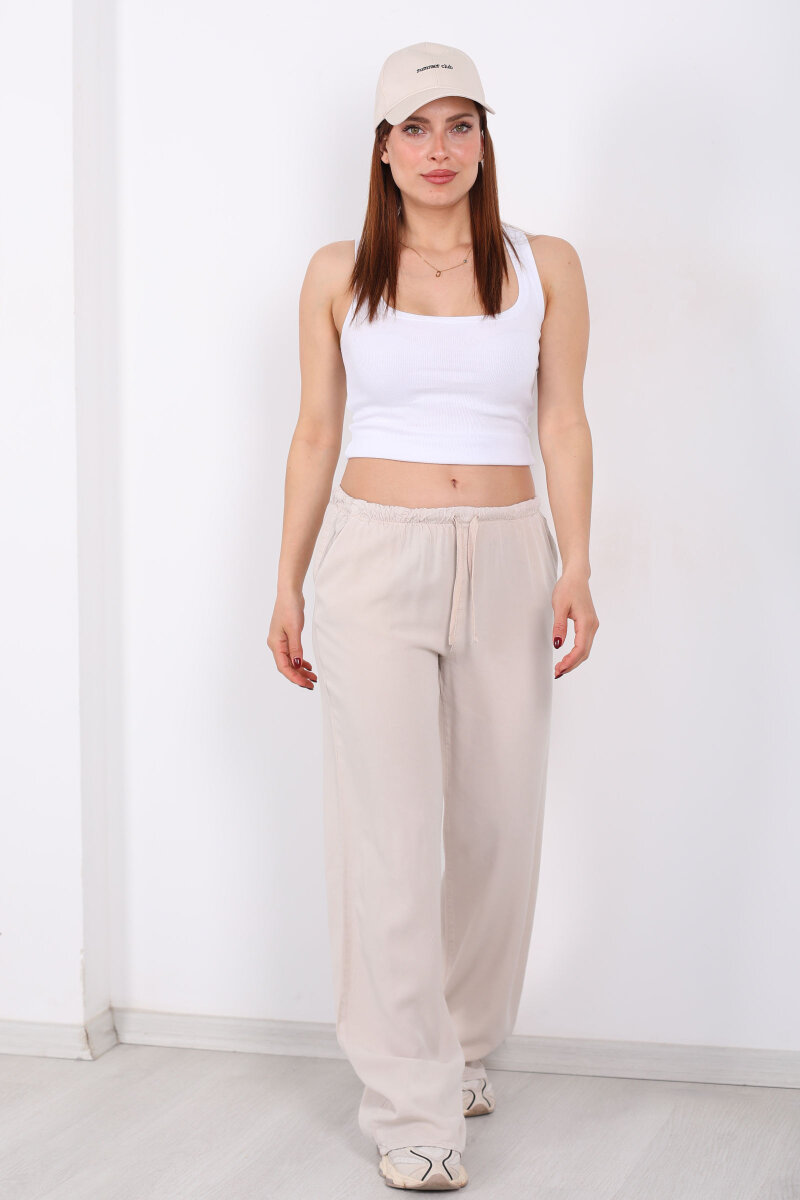 Beli Bağlamalı Bol Paça Tensel Taş Rengi Kadın Pantolon - 7