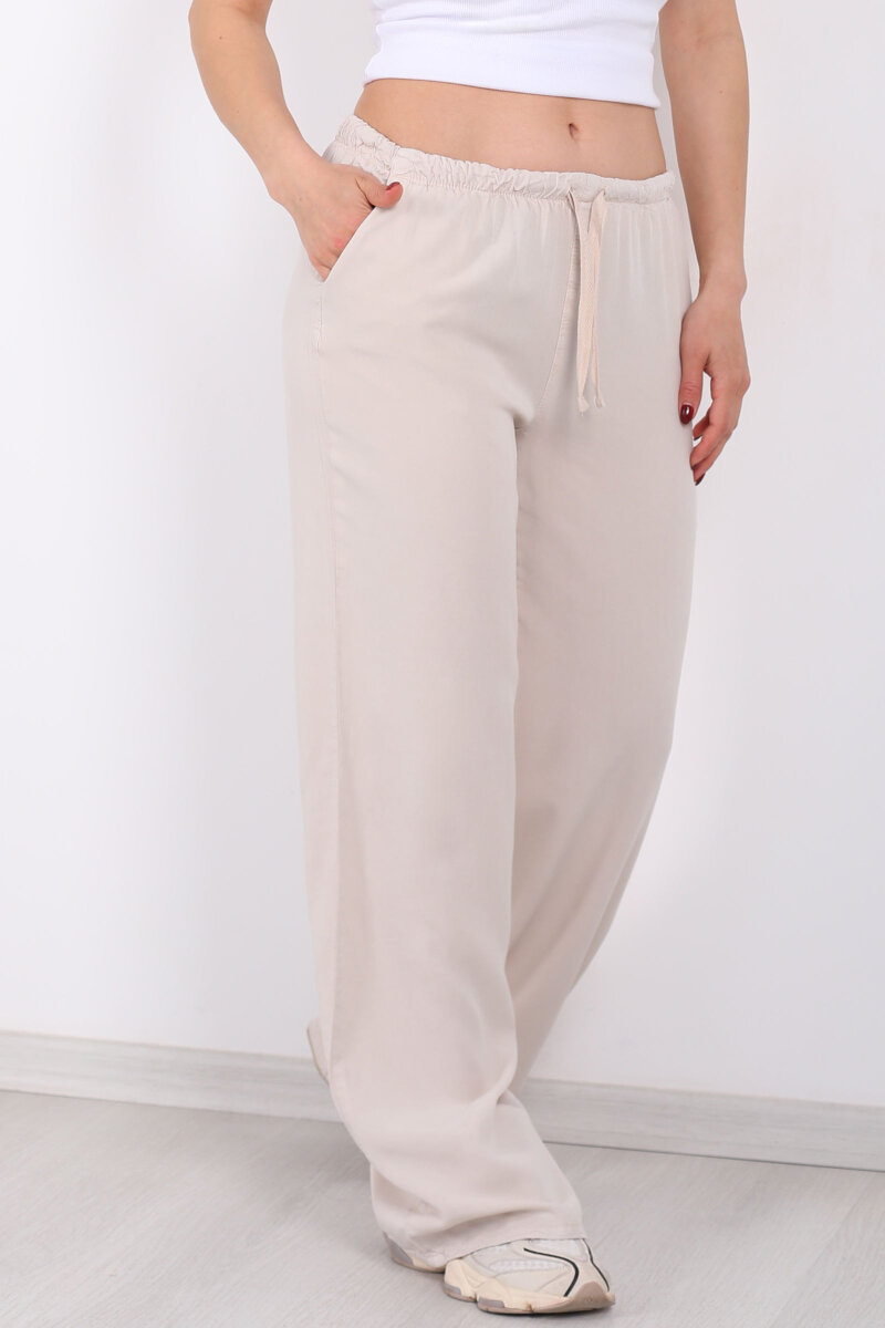 Beli Bağlamalı Bol Paça Tensel Taş Rengi Kadın Pantolon - 2