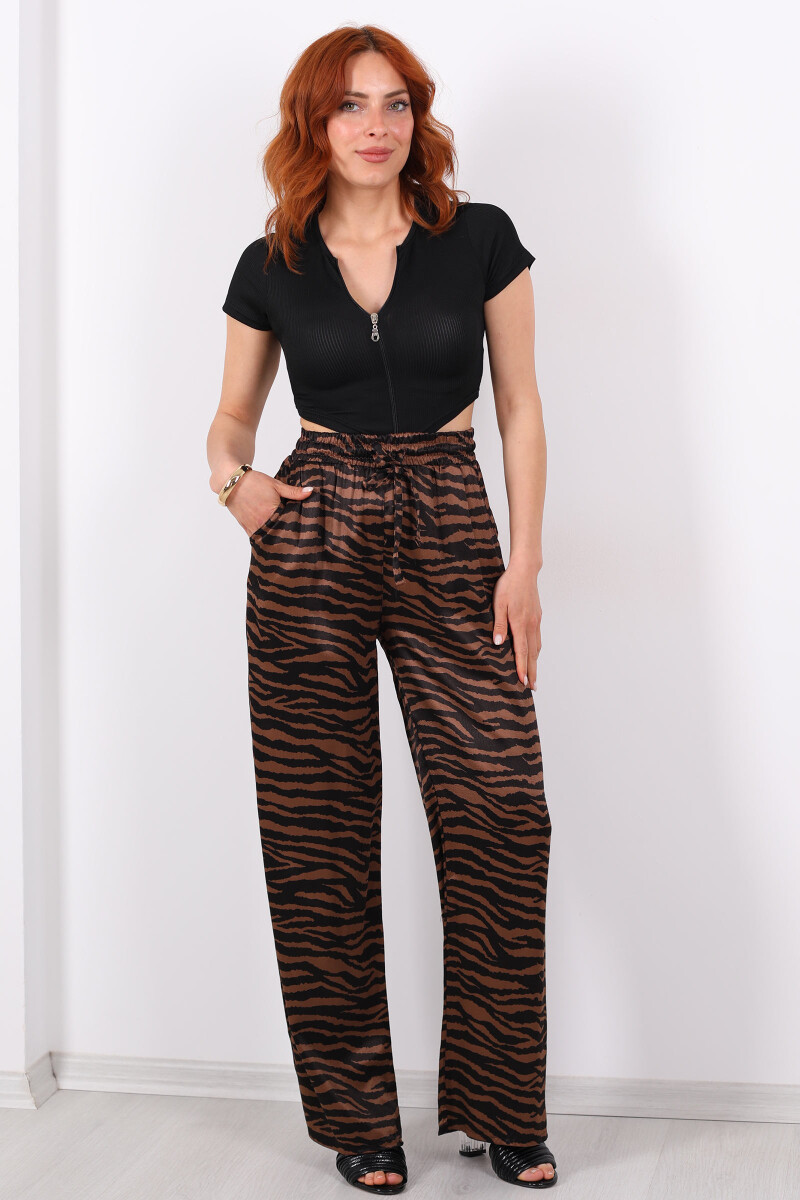 Beli Bağlamalı Bol Paça Zebra Desenli Acı Kahve Saten Kadın Pantolon - 5
