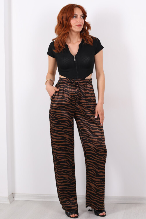 Beli Bağlamalı Bol Paça Zebra Desenli Acı Kahve Saten Kadın Pantolon - 1