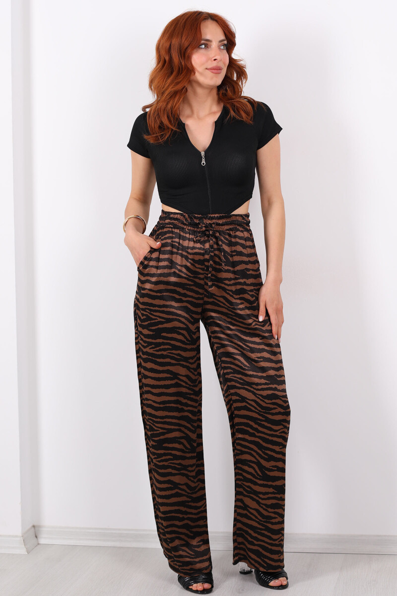 Beli Bağlamalı Bol Paça Zebra Desenli Acı Kahve Saten Kadın Pantolon - 1