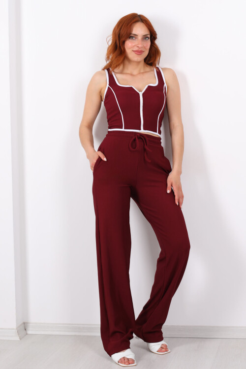 Beli Bağlamalı Boru Paça Bordo Kadın Ottoman Pantolon - 5
