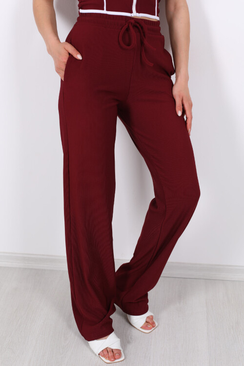 Beli Bağlamalı Boru Paça Bordo Kadın Ottoman Pantolon - 2