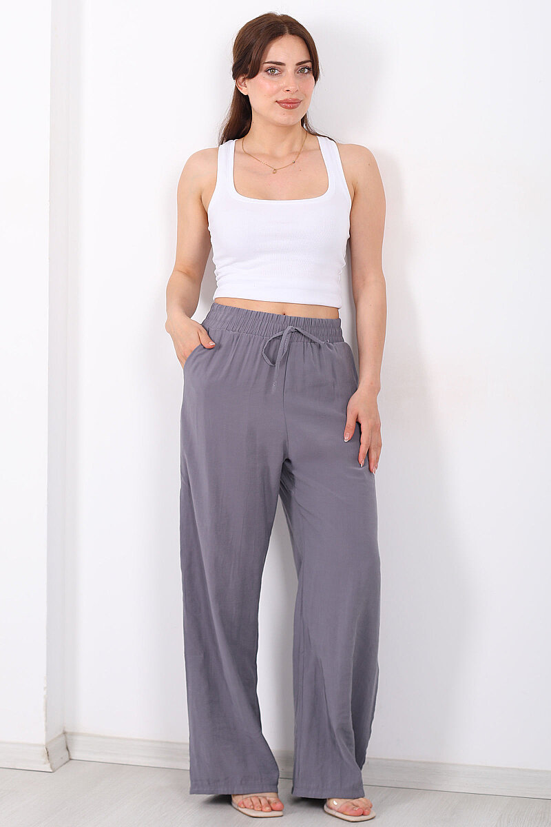 Beli Bağlamalı Cepli Tensel Bol Paça Antrasit Kadın Pantolon - 4