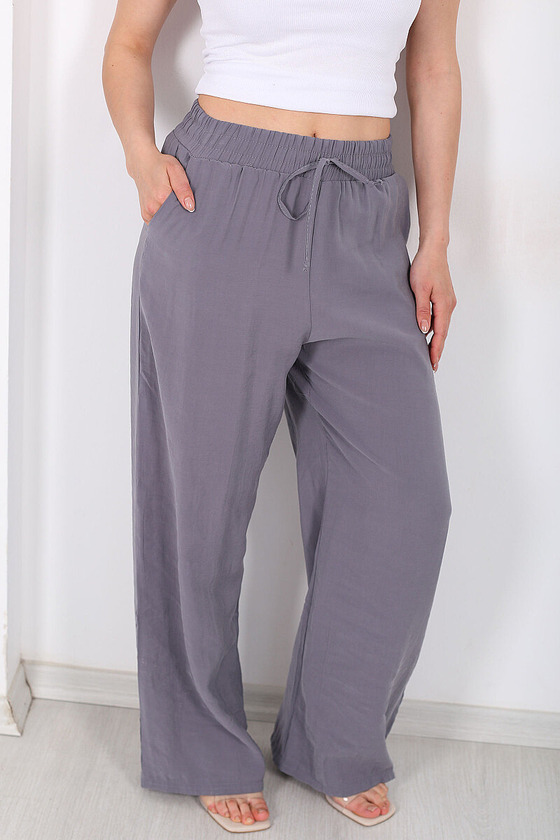 Beli Bağlamalı Cepli Tensel Bol Paça Antrasit Kadın Pantolon - 2