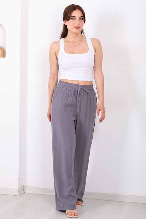 Beli Bağlamalı Cepli Tensel Bol Paça Antrasit Kadın Pantolon - 6