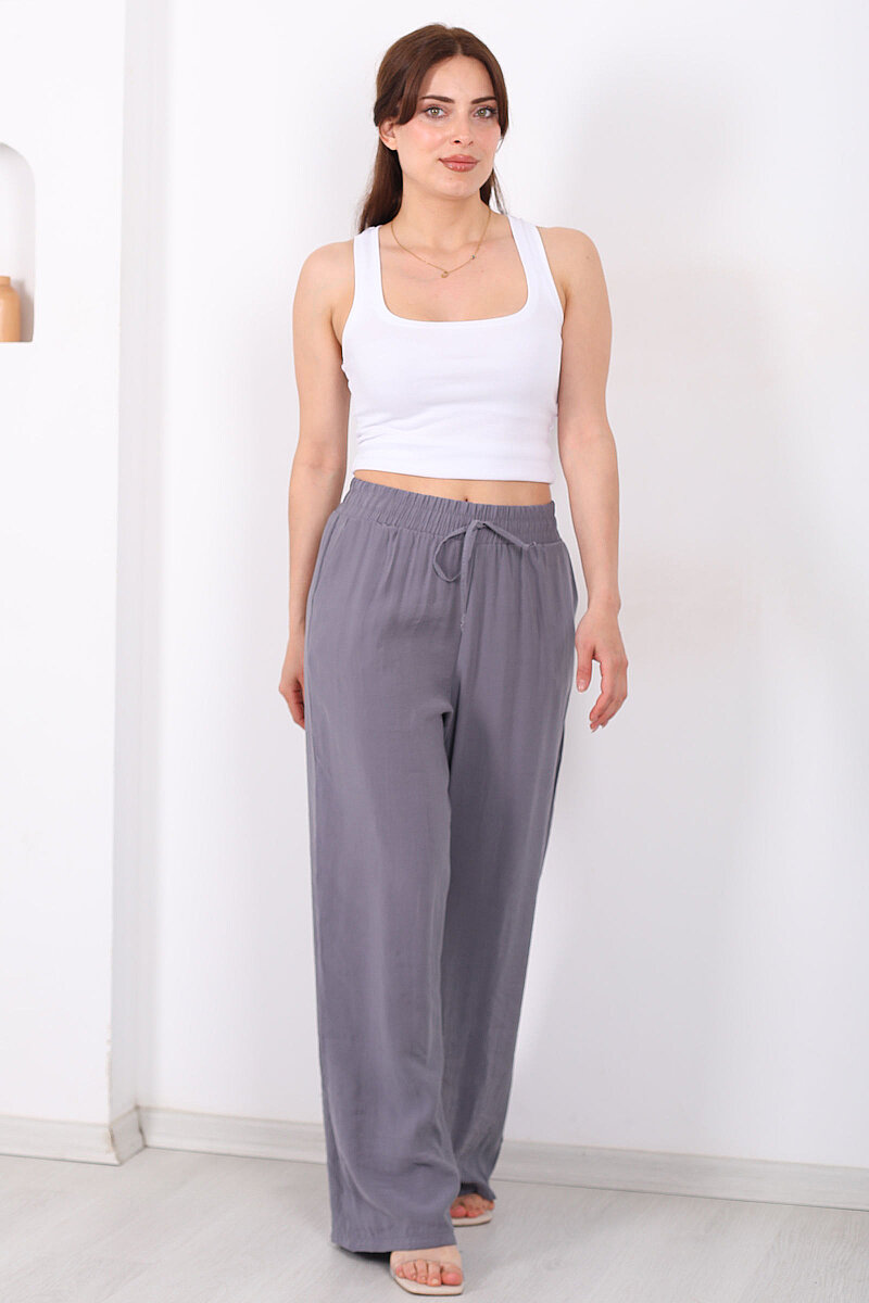 Beli Bağlamalı Cepli Tensel Bol Paça Antrasit Kadın Pantolon - 6