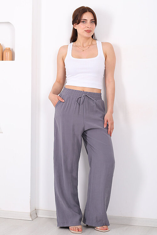 Beli Bağlamalı Cepli Tensel Bol Paça Antrasit Kadın Pantolon - Berox