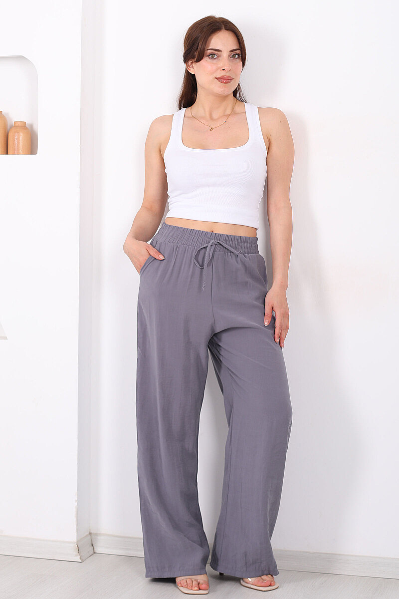 Beli Bağlamalı Cepli Tensel Bol Paça Antrasit Kadın Pantolon - 1