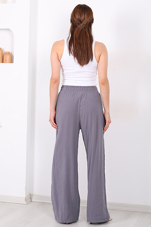 Beli Bağlamalı Cepli Tensel Bol Paça Antrasit Kadın Pantolon - 5