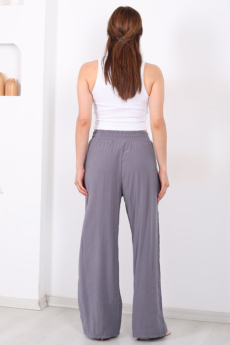 Beli Bağlamalı Cepli Tensel Bol Paça Antrasit Kadın Pantolon - 5