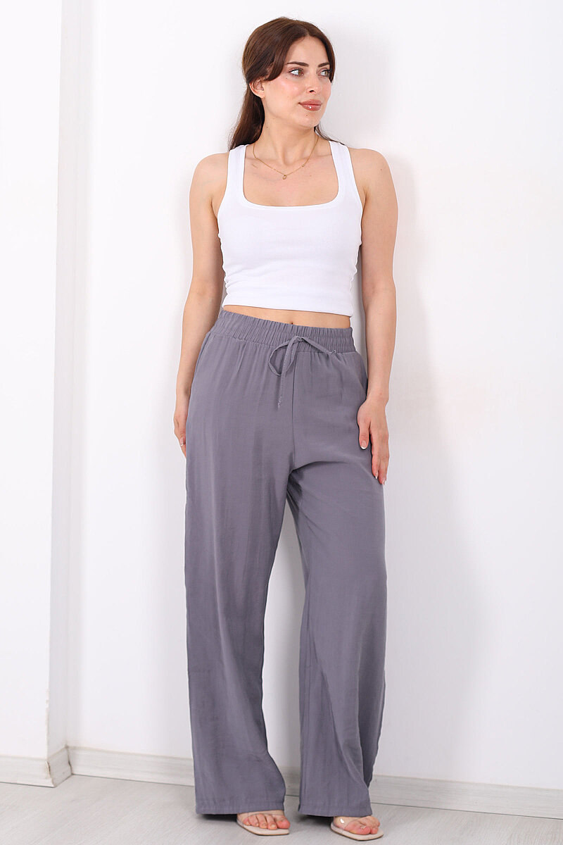 Beli Bağlamalı Cepli Tensel Bol Paça Antrasit Kadın Pantolon - 3