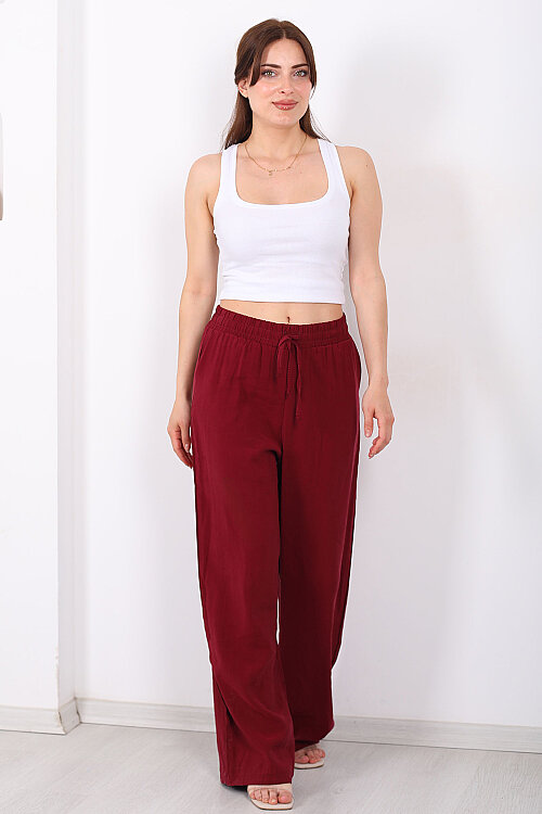 Beli Bağlamalı Cepli Tensel Bol Paça Bordo Kadın Pantolon - 4
