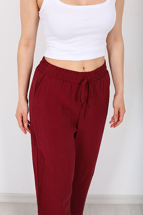 Beli Bağlamalı Cepli Tensel Bol Paça Bordo Kadın Pantolon - Berox (1)