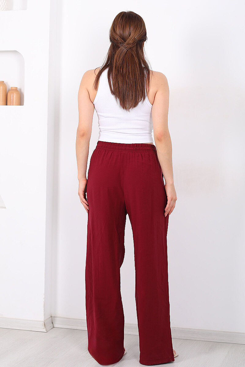 Beli Bağlamalı Cepli Tensel Bol Paça Bordo Kadın Pantolon - 5
