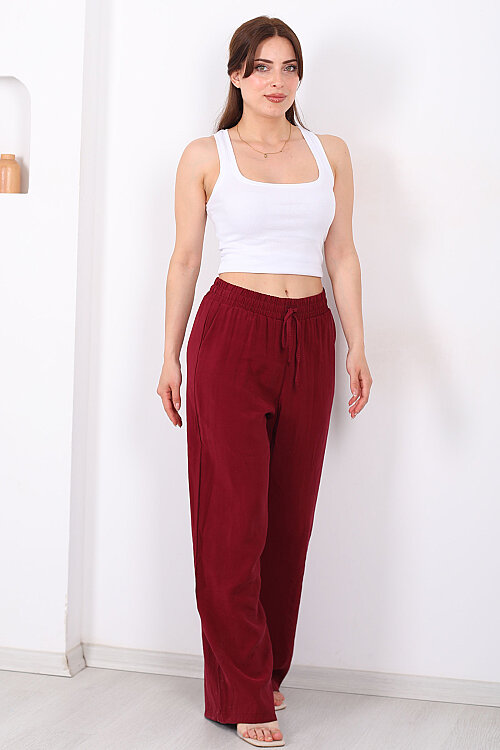 Beli Bağlamalı Cepli Tensel Bol Paça Bordo Kadın Pantolon - 6
