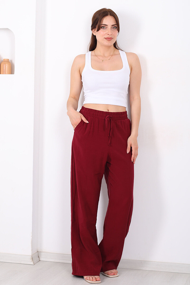 Beli Bağlamalı Cepli Tensel Bol Paça Bordo Kadın Pantolon - 3