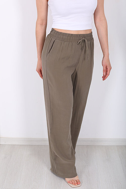 Beli Bağlamalı Cepli Tensel Bol Paça Haki Kadın Pantolon - Berox (1)