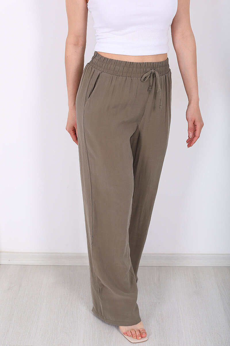 Beli Bağlamalı Cepli Tensel Bol Paça Haki Kadın Pantolon - 2