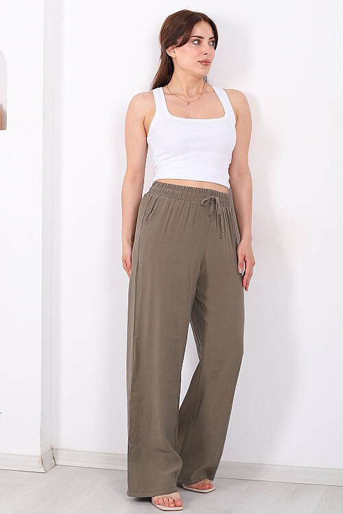Beli Bağlamalı Cepli Tensel Bol Paça Haki Kadın Pantolon - 3