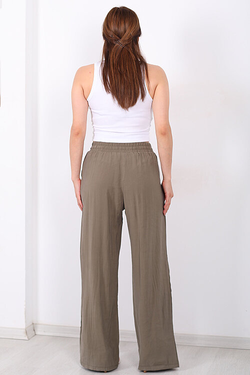 Beli Bağlamalı Cepli Tensel Bol Paça Haki Kadın Pantolon - 5