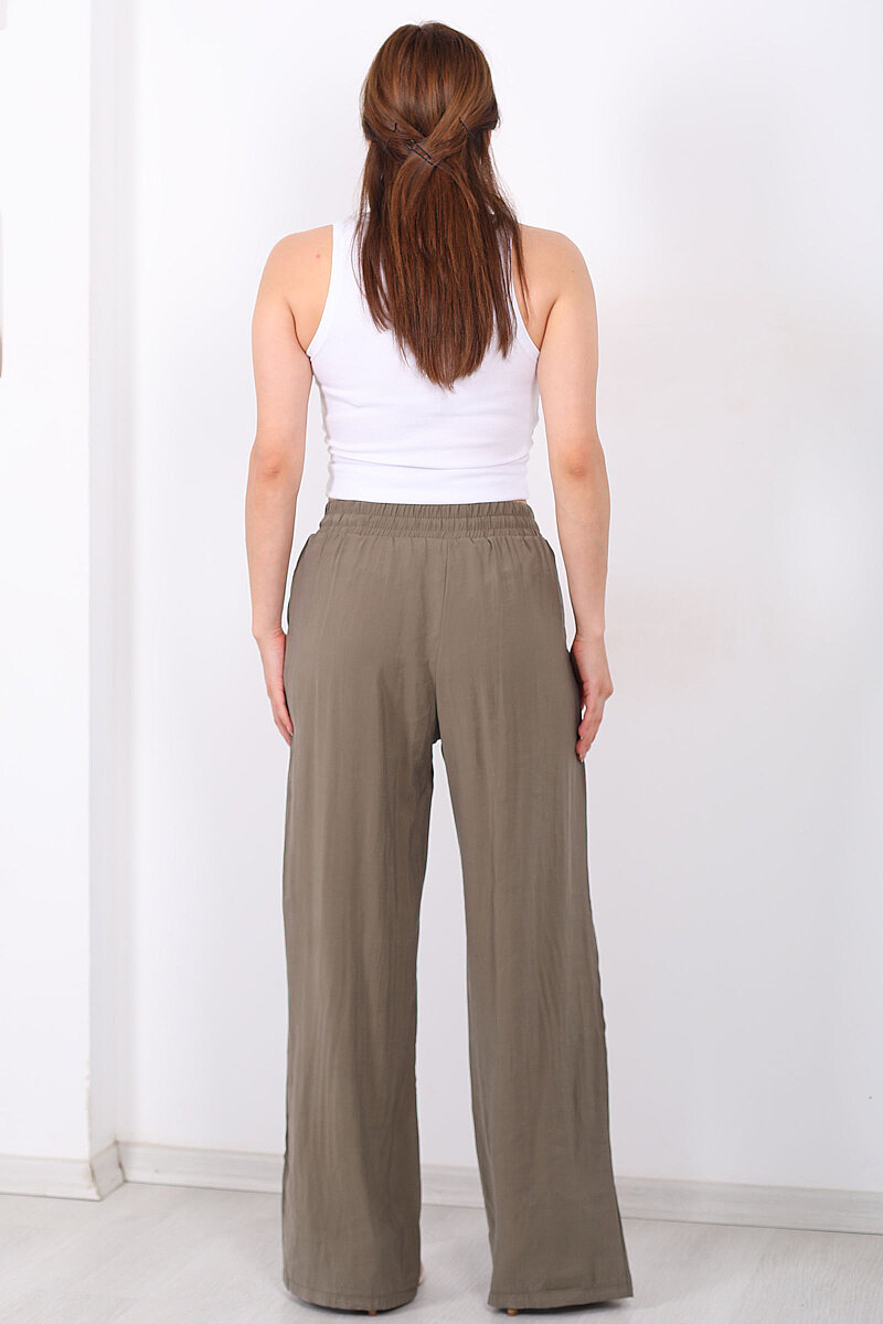 Beli Bağlamalı Cepli Tensel Bol Paça Haki Kadın Pantolon - 5
