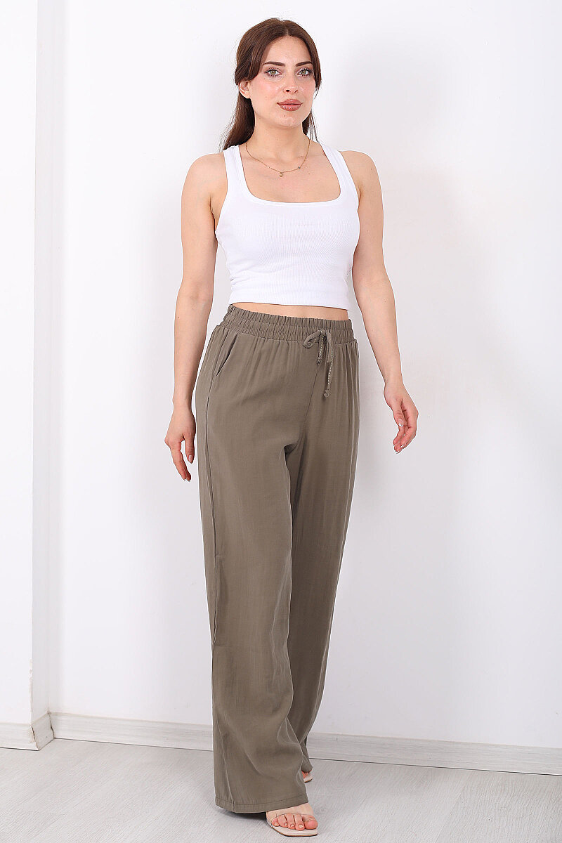 Beli Bağlamalı Cepli Tensel Bol Paça Haki Kadın Pantolon - 4