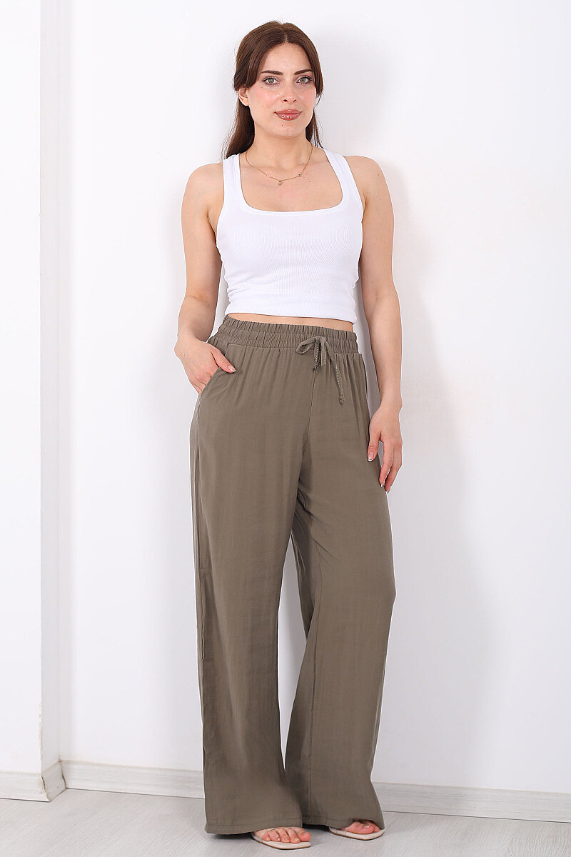 Beli Bağlamalı Cepli Tensel Bol Paça Haki Kadın Pantolon - 6