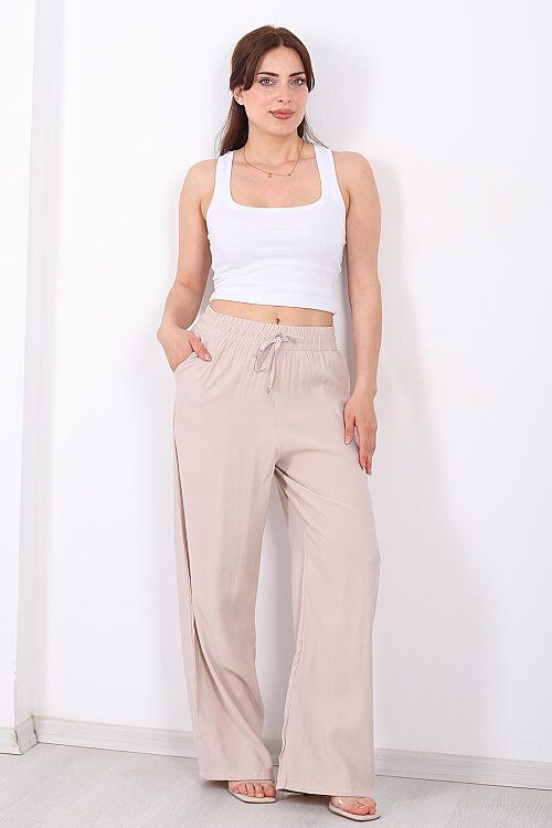 Beli Bağlamalı Cepli Tensel Bol Paça Krem Kadın Pantolon - Berox