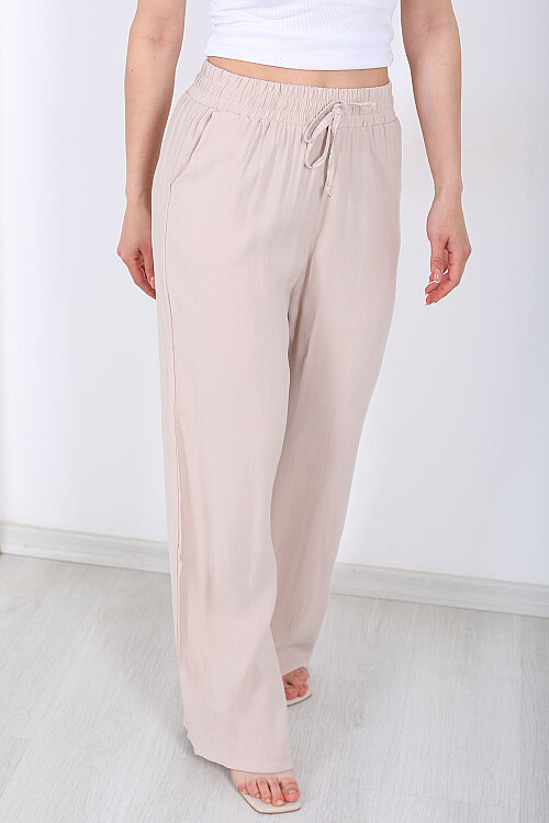 Beli Bağlamalı Cepli Tensel Bol Paça Krem Kadın Pantolon - Berox (1)