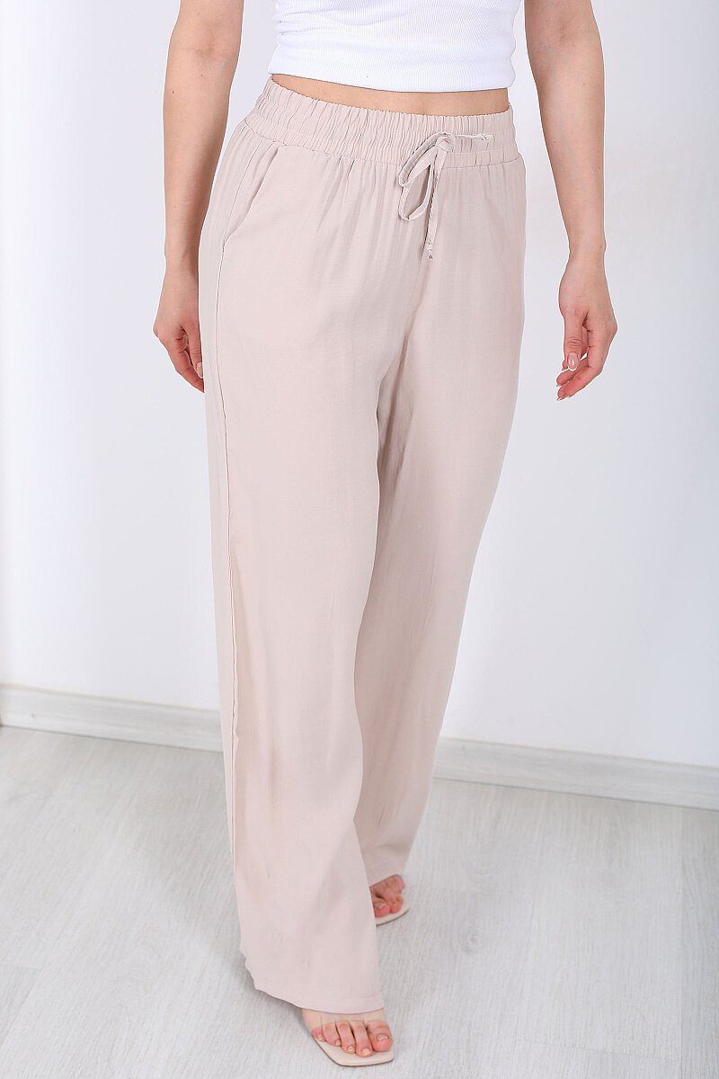 Beli Bağlamalı Cepli Tensel Bol Paça Krem Kadın Pantolon - 2