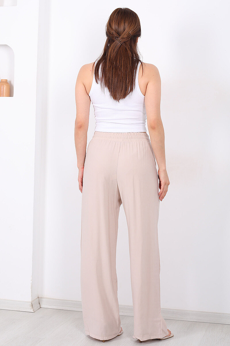Beli Bağlamalı Cepli Tensel Bol Paça Krem Kadın Pantolon - 5