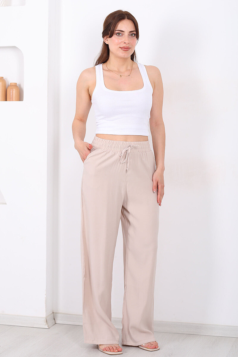 Beli Bağlamalı Cepli Tensel Bol Paça Krem Kadın Pantolon - 4