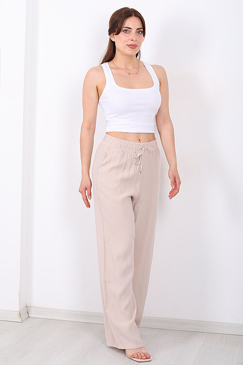 Beli Bağlamalı Cepli Tensel Bol Paça Krem Kadın Pantolon - 6