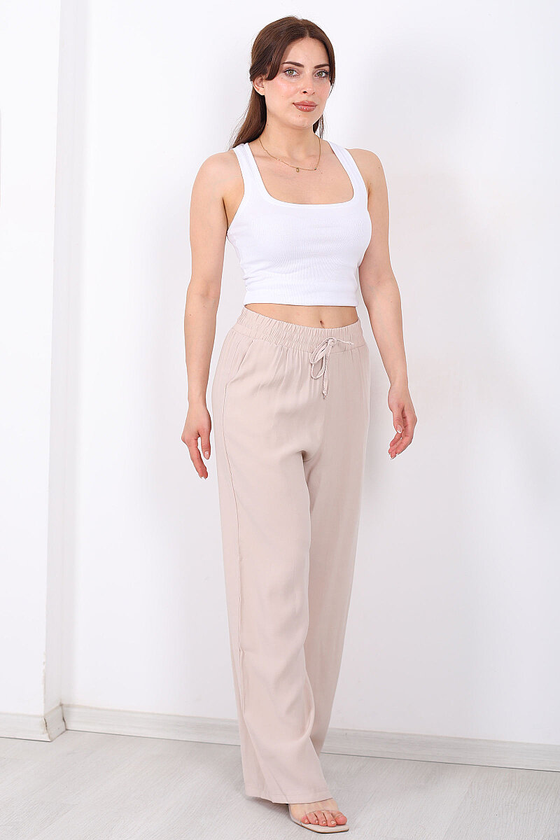 Beli Bağlamalı Cepli Tensel Bol Paça Krem Kadın Pantolon - 6