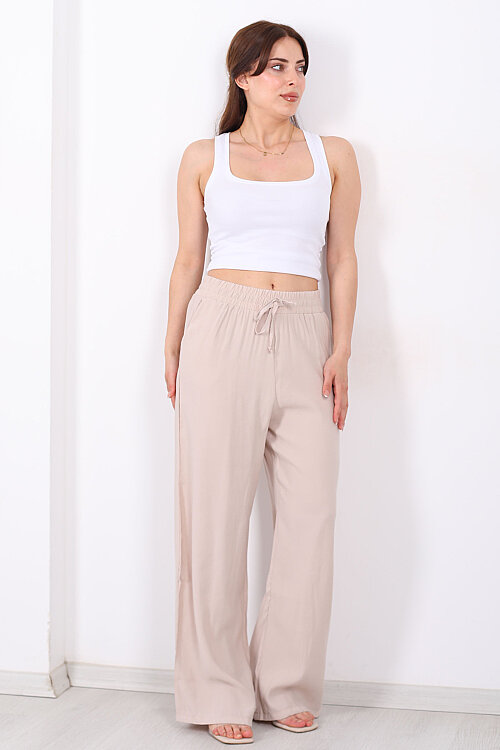 Beli Bağlamalı Cepli Tensel Bol Paça Krem Kadın Pantolon - 3