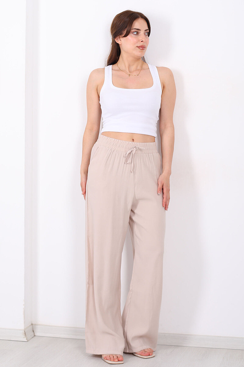 Beli Bağlamalı Cepli Tensel Bol Paça Krem Kadın Pantolon - 3