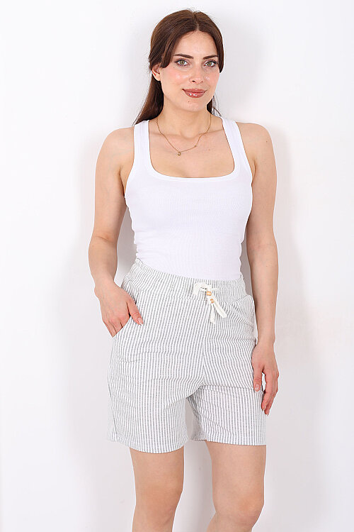Beli Bağlamalı Çizgili Cepli Gri Kadın Şort - Berox