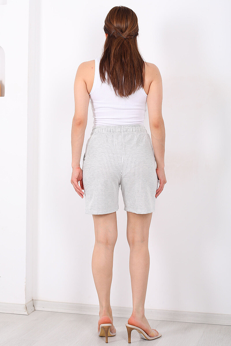 Beli Bağlamalı Çizgili Cepli Gri Kadın Şort - 5