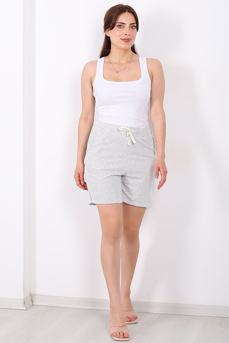 Beli Bağlamalı Çizgili Cepli Gri Kadın Şort - 3