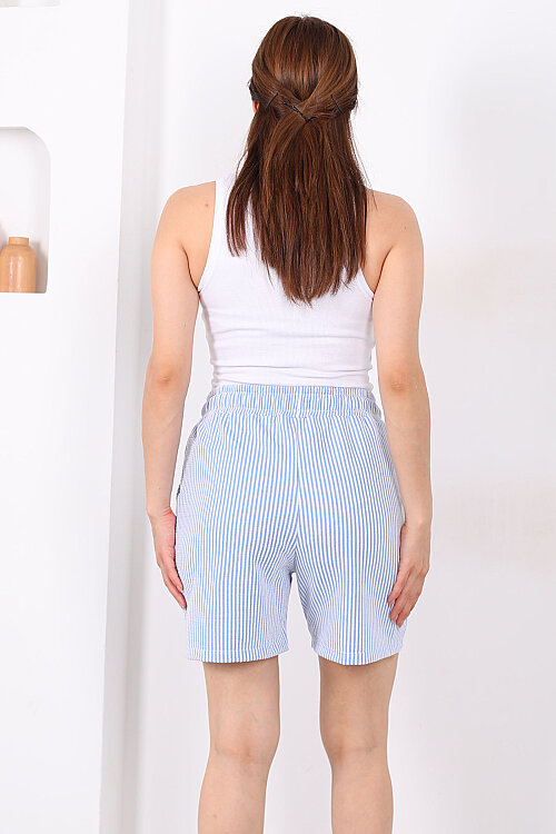 Beli Bağlamalı Çizgili Cepli Mavi Kadın Şort - 5