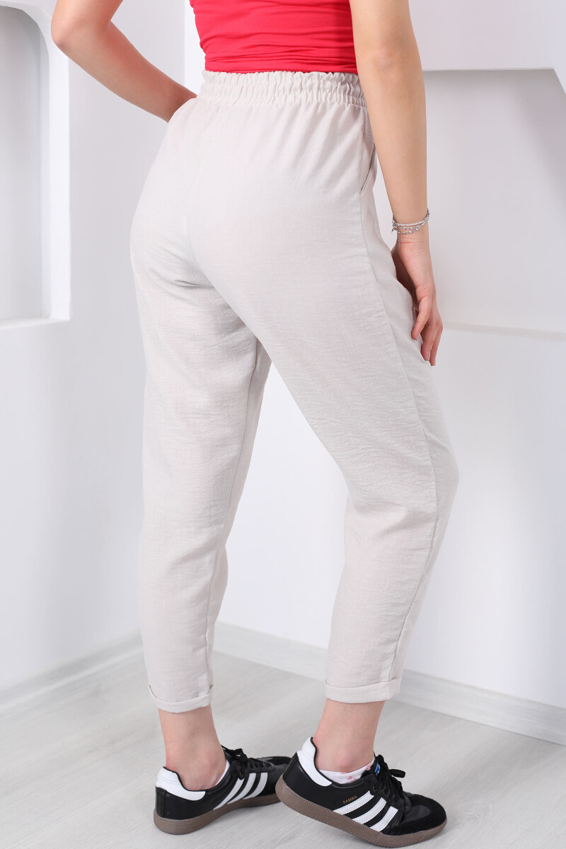 Beli Bağlamalı Duble Havuç Paça Keten Bej Kadın Pantolon - 5