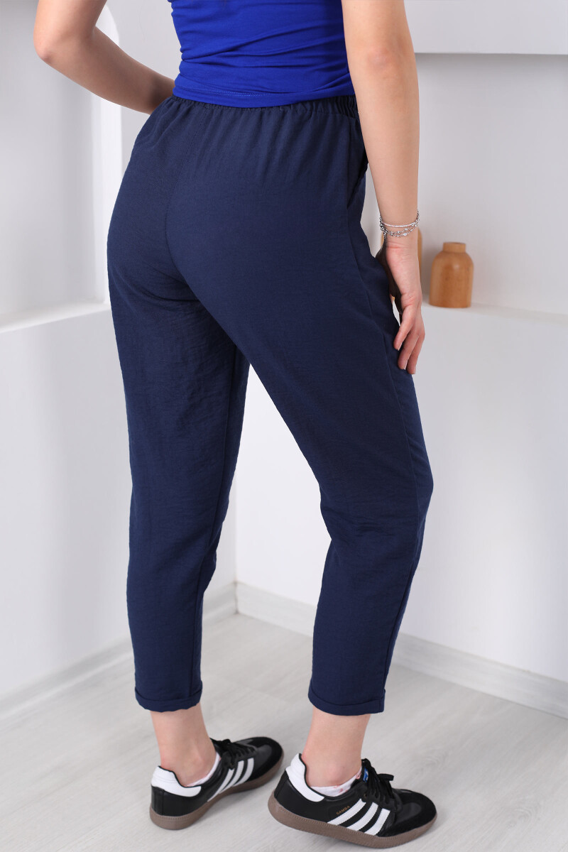 Beli Bağlamalı Duble Havuç Paça Keten Lacivert Kadın Pantolon - 5