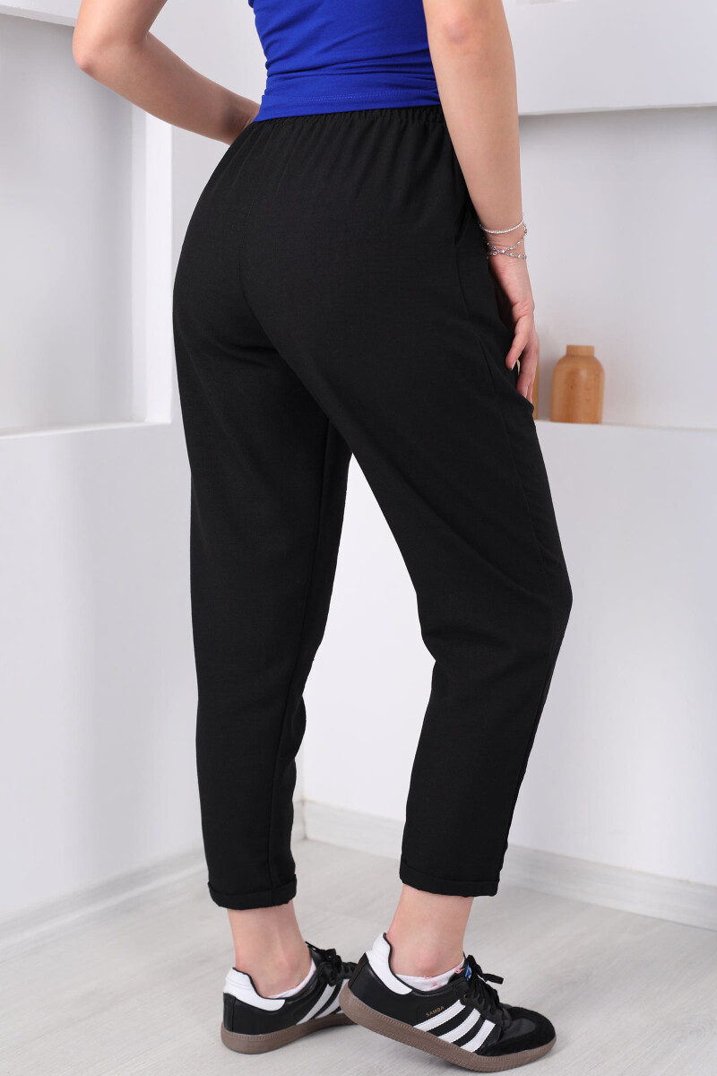 Beli Bağlamalı Duble Havuç Paça Keten Siyah Kadın Pantolon - 5
