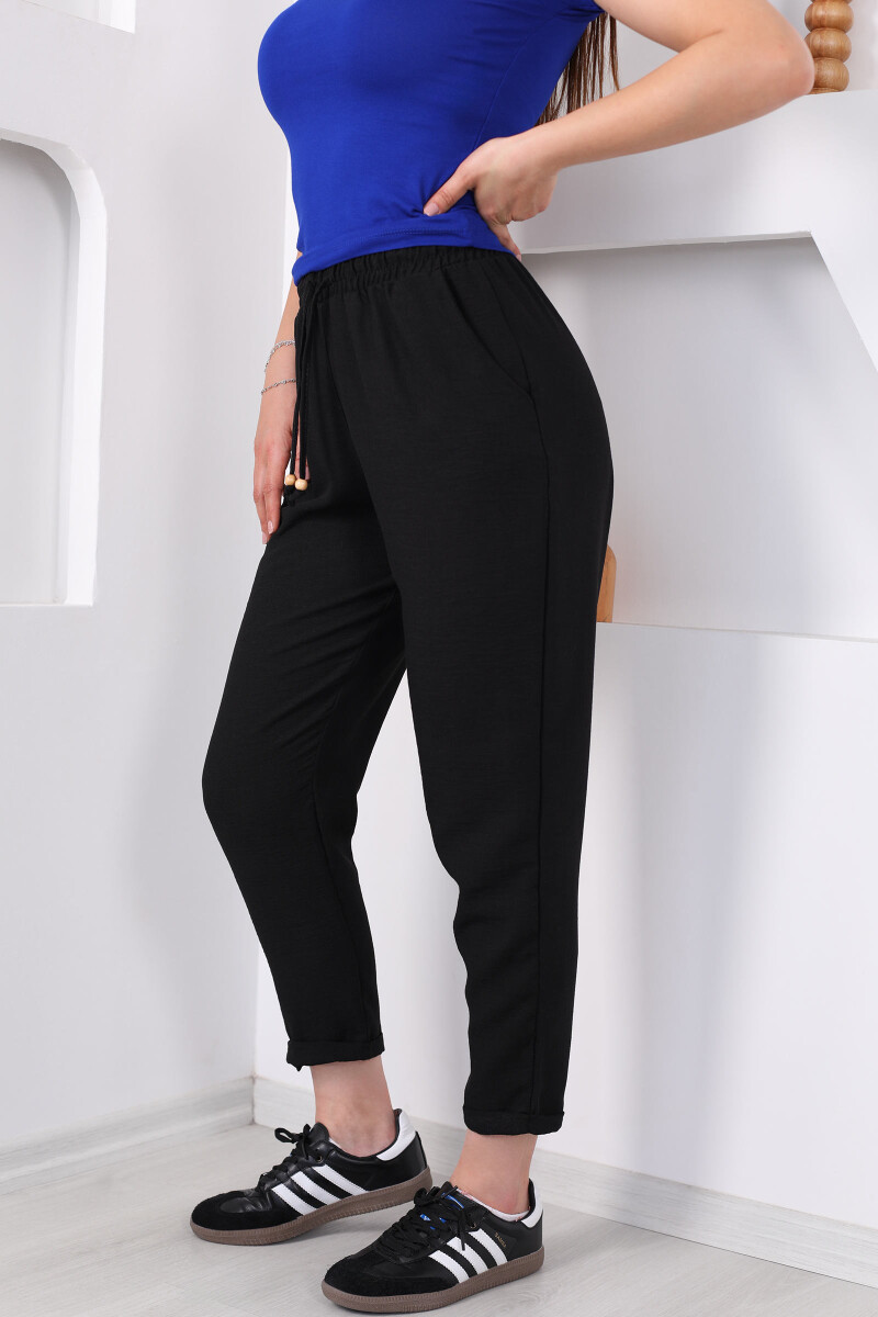 Beli Bağlamalı Duble Havuç Paça Keten Siyah Kadın Pantolon - 2