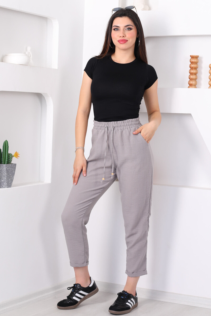 Beli Bağlamalı Duble Havuç Paça Keten Taş Rengi Kadın Pantolon - 3