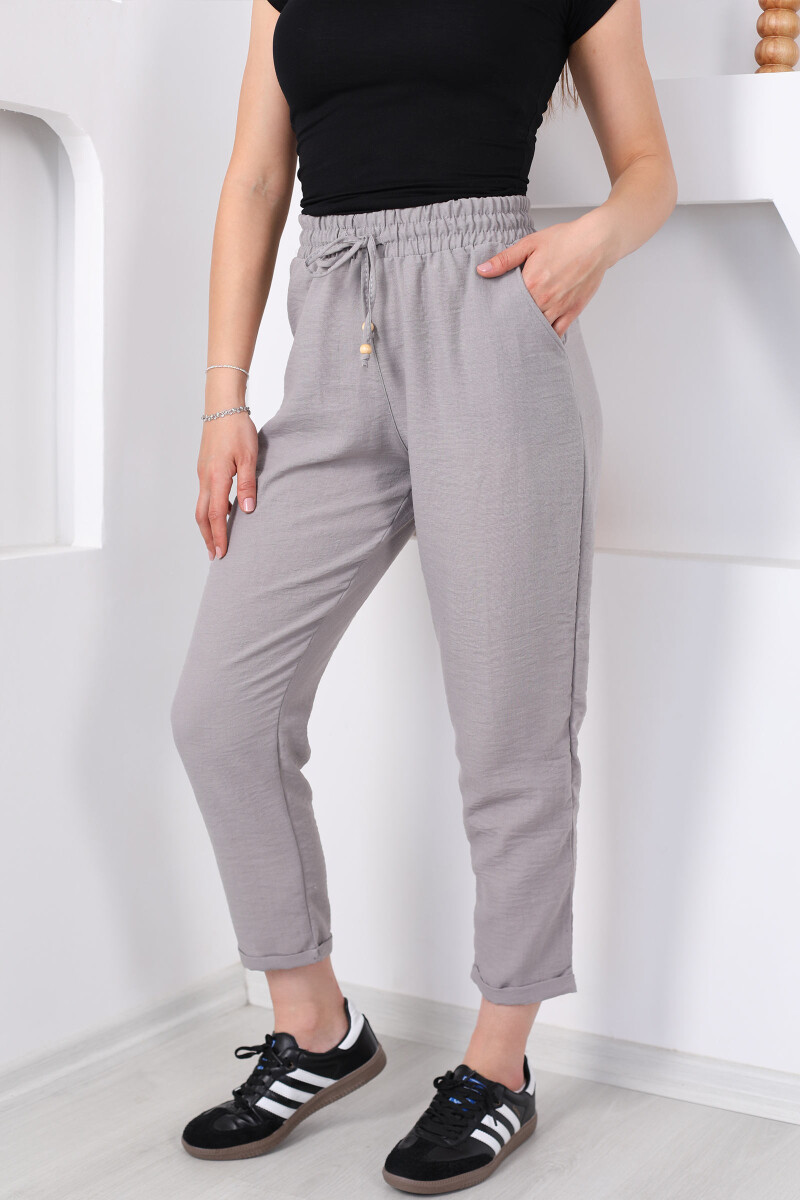 Beli Bağlamalı Duble Havuç Paça Keten Taş Rengi Kadın Pantolon - 2