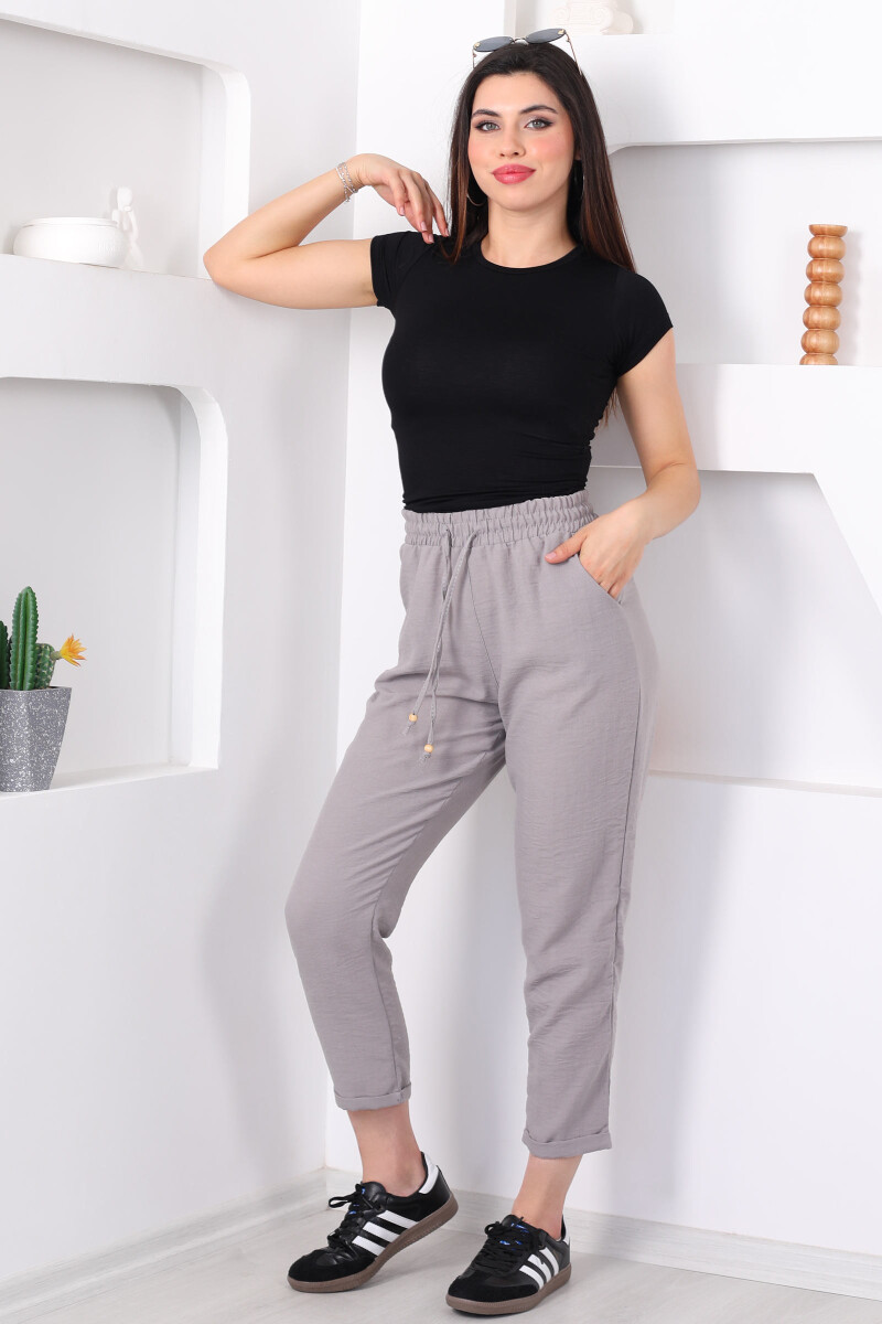 Beli Bağlamalı Duble Havuç Paça Keten Taş Rengi Kadın Pantolon - 1