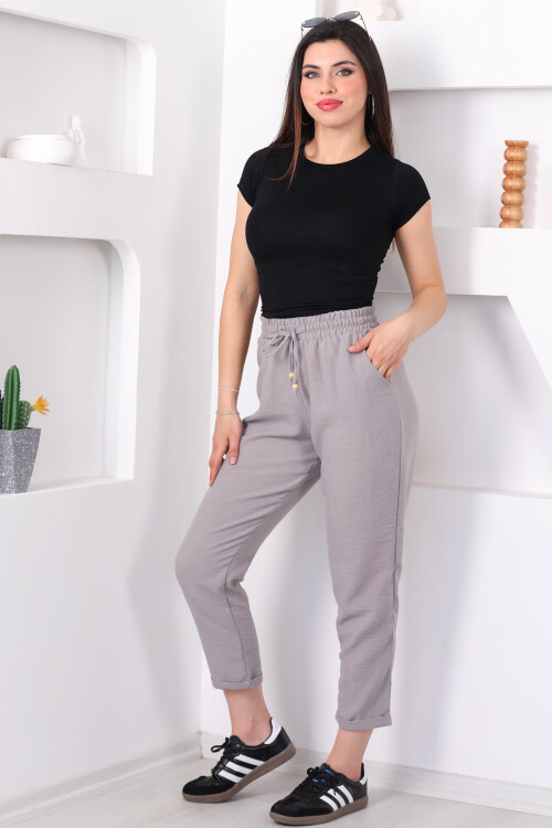 Beli Bağlamalı Duble Havuç Paça Keten Taş Rengi Kadın Pantolon - 4