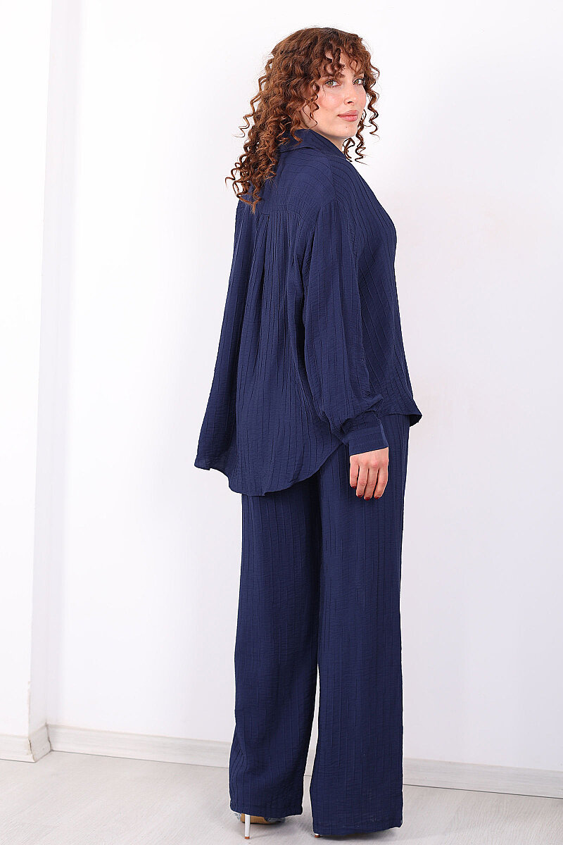Beli Bağlamalı İnce Çizgili Kadın Lacivert Bol Paça Pantolon - 4